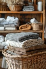 Cozy Knitwear and Woven Baskets in Rustic Home Decor Setting with Wooden Shelves