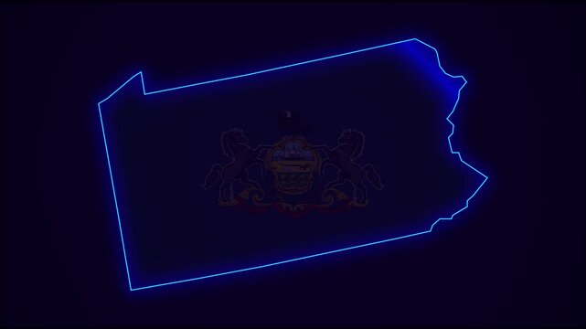 Pennsylvania Map Outline Country Border on dark blue.  Neon Lights  colorful animation transition. Flag of Pennsylvania.  United States. Animation in neon style. 4k Resolution.