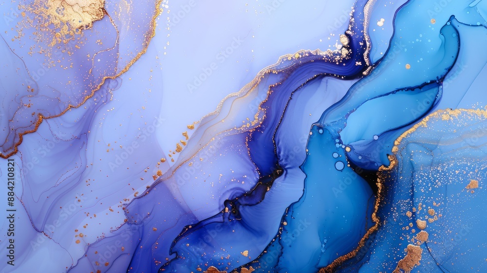 Poster captivating blue and gold abstract fluid art with flowing waves and textured patterns, perfect for c
