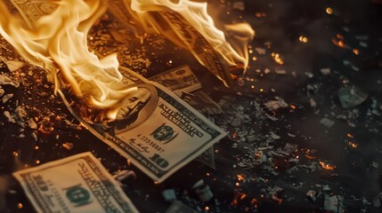 Burning US Dollar Bills on a Dark Surface