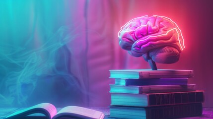 A glowing holographic brain sits atop a stack of books surrounded by smoky, ethereal effects in a soft, colorful gradient background, symbolizing enlightened knowledge.