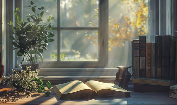 An open book on a table with several books on the edge with the light shining from behind