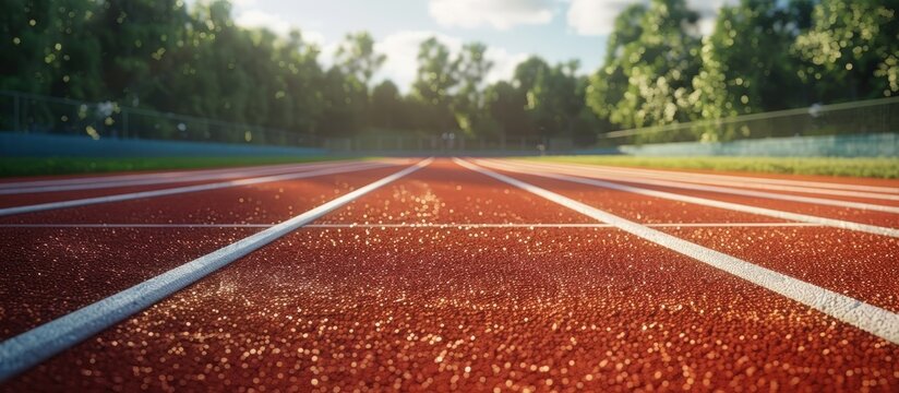 Sunlit Outdoor Running Track with Lush Green Trees in the Background on a Bright Day
