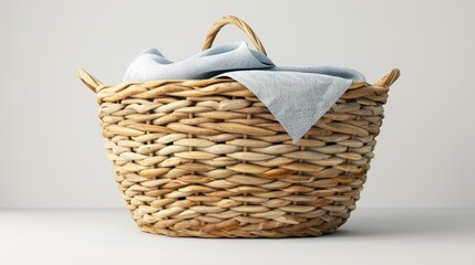Obraz premium Woven Straw Basket with Blue Cloth on White Background - Rustic Home Decor and Storage Solution