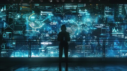 Silhouette of a Hacker in Front of a Large Digital Display Showing Global Data