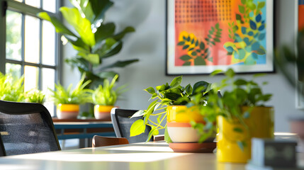 A classroom with a white board and a few potted plants