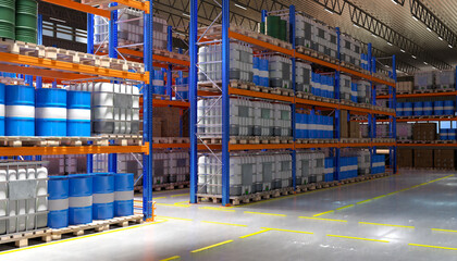 Chemical plant storage area. Warehouse with barrels. IBC stored on racks. Industrial hangar with storage area. Fuel barrels on pallets. Interior chemical warehouse. Logistics, distribution. 3d image