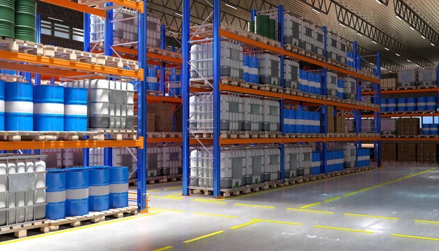 Chemical plant storage area. Warehouse with barrels. IBC stored on racks. Industrial hangar with storage area. Fuel barrels on pallets. Interior chemical warehouse. Logistics, distribution. 3d image