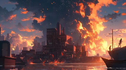 Fototapeta premium Dramatic Sunset Over a Cityscape With Boats and Silhouettes