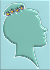 Female silhouette with collected hair on top of head and decorated with flowers on blue background, 3D rendering illustration
