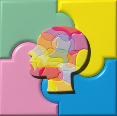 Silhouette of a female head consisting of multi-colored figures on a background of puzzles, mental health. 3D rendering illustration