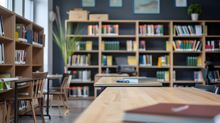 A library with a lot of books and a table with a book on it