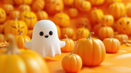 Cute Halloween Ghost Surrounded by Pumpkins in a Festive Autumn Setting