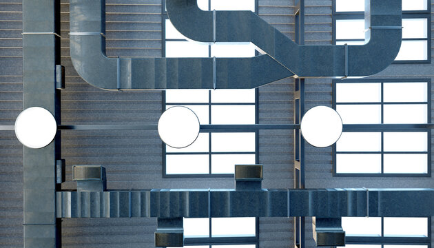 Industrial ventilation. Air handling unit. Background with ventilation pipes. Steel shafts for air conditioning. Ventilation and light bulbs under roof of warehouse. Industrial utilities. 3d image