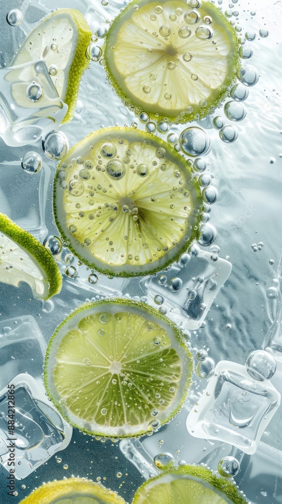 Poster close up of lime slices floating in sparkling water with ice cubes