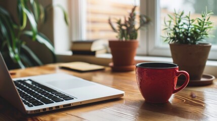 Red Mug on Wooden Desk with Laptop.