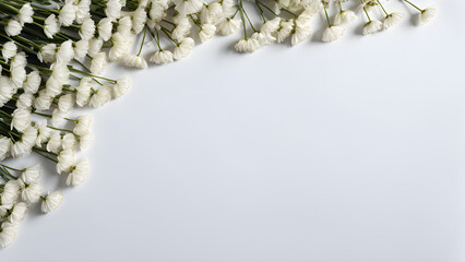 Lily of the valley flowers on white background. Flat lay, top view