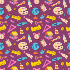 Vibrant seamless pattern with school supplies like globes, books, rulers, palettes, and scissors on a purple background. Ideal for stationery, textiles, and digital backgrounds. Flat illustration.