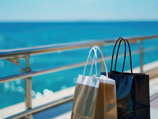 Closeup of two shopping bags in a serene seaside shopping area.