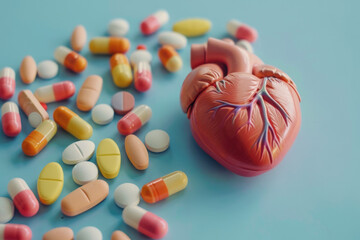 A simple shot of a heart model next to various heart medications