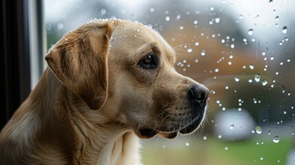 Golden Retriever Looking Out Window on Rainy Day