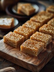 Sesame Seed Bars on a Wooden Cutting Board
