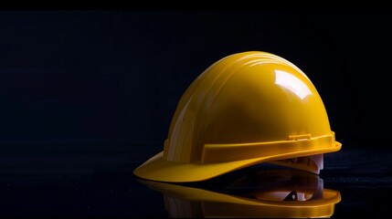 A yellow construction helmet displayed prominently against a dark background, emphasizing safety and durability in the construction industry with its bold color and solid build.