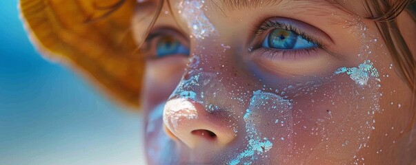 Close-up of a child applying sunscreen on their face, UV Safety Awareness Month, safety and care