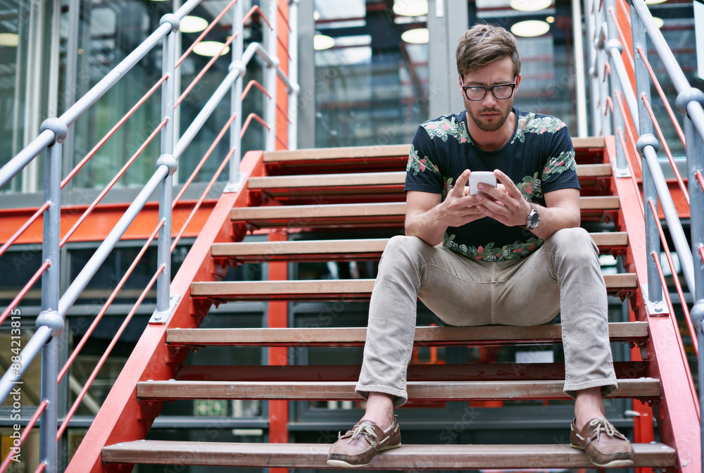 Aufkleber contact, stairs and business man with mobile phone in office for social media management, texting or