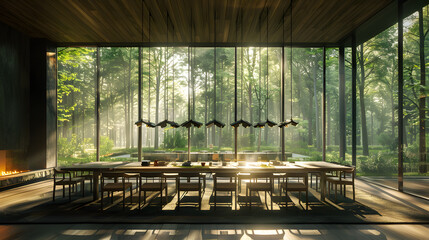 Fototapeta premium A large dining room with a long table and many chairs