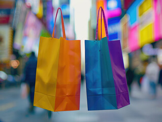 Closeup shot capturing two vibrant shopping bags in a diverse cityscape.