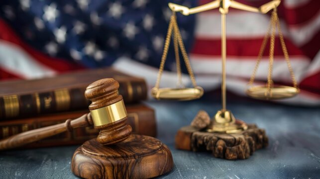 judge's gavel and a golden Scale of Justice on the American Flag Background. symbolize the American justice system or the Judicial Branch of government ( Judiciary )