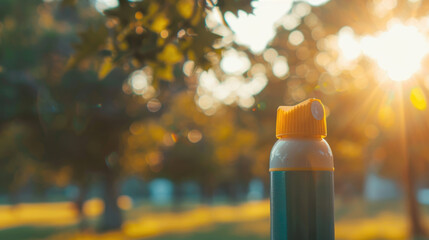 A simple inhaler against a soft focus background of a park, symbolizing asthma care