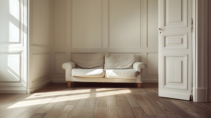 A white couch is in a room with a plant in a white pot