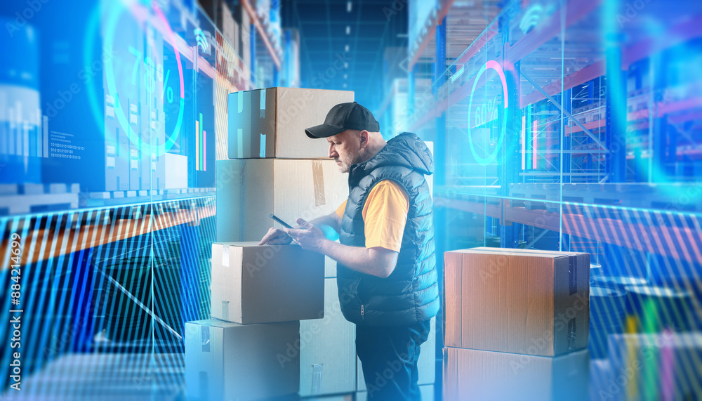 Aufkleber man inside futuristic warehouse. storekeeper uses application on phone. guy monitors loading of ware