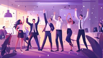 This vibrant office scene captures professionals celebrating a significant achievement, with confetti in the air and jubilant gestures indicating success and camaraderie.