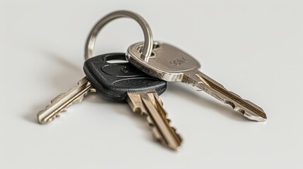 Collection of keys rests on a blank white surface, symbolizing safety, entry, and possession