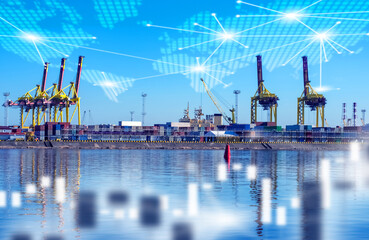 Sea port. International harbor for cargo ships. Port with cranes for unloading sea vessels. Seaport...