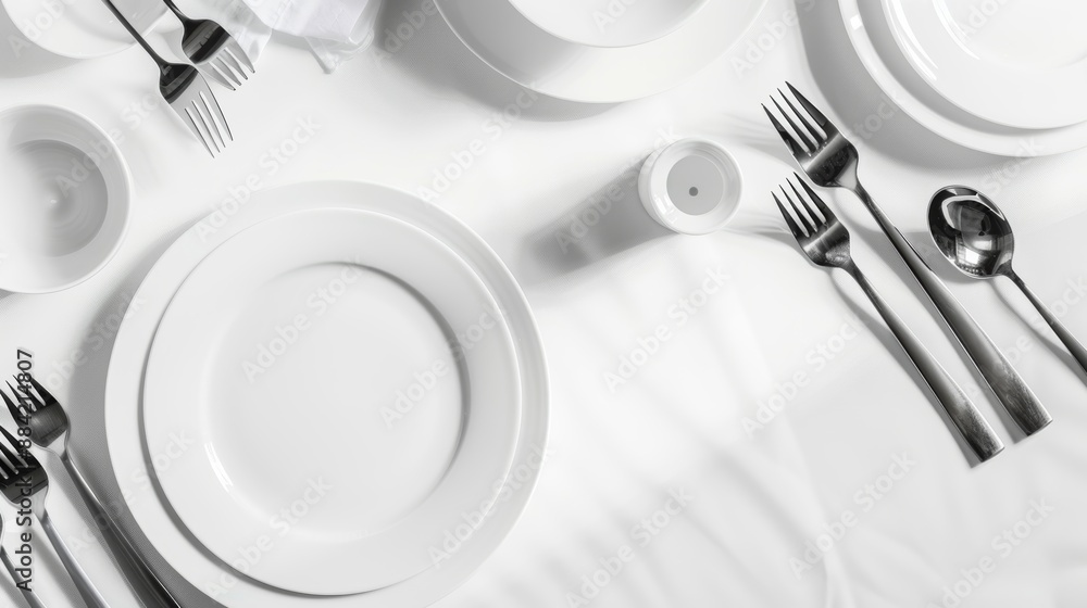 Poster minimal tablescape with empty white dinner plates and silverware set on a white tablecloth