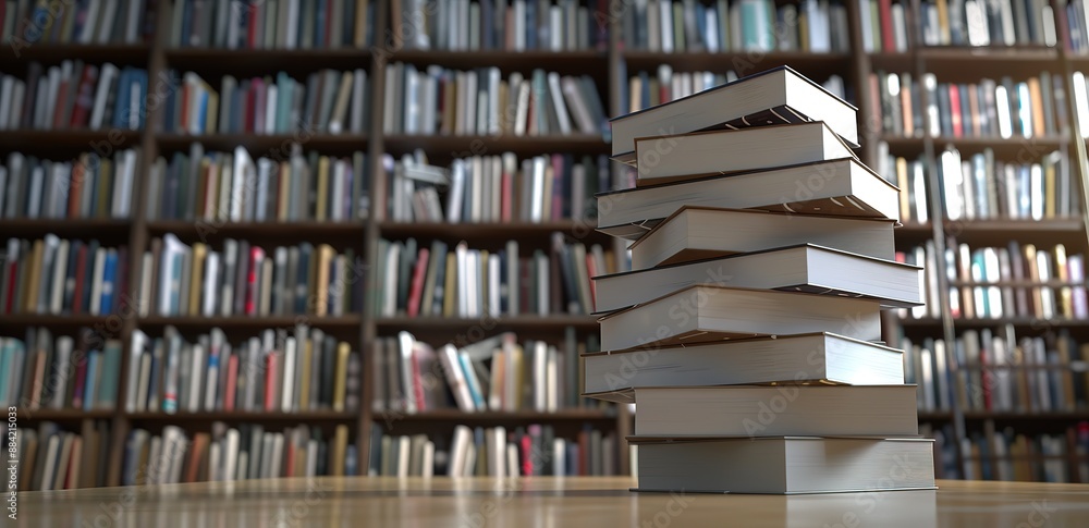 Sticker stack of books on a table with a bookshelf in the background in the room
