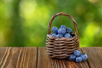 ripe blueberries in wicker basket on wooden table outdoors