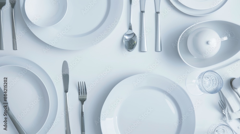 Poster minimal table setting with shiny cutlery on a white table and empty plates