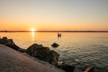 Sunset on the shore of a lake in summer. Colorful sky with a wide view of the Horiont. Nature...