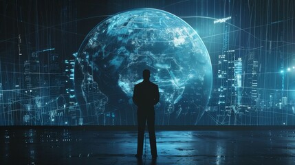 A person stands observing a digital representation of the Earth in a futuristic, high-tech setting, conveying a sense of technological advancement and global connectivity.