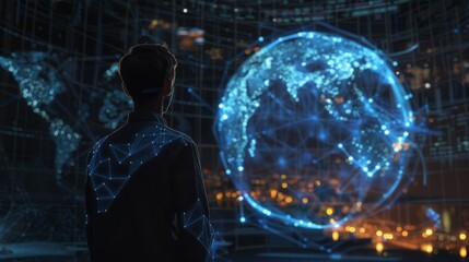 An individual faces a digital holographic globe with blue connections and nodes, representing global networks, information exchange, and the technological era.