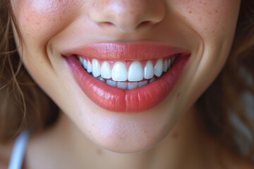 Closeup of a womans bright smile with healthy white teeth and pink glossy lips