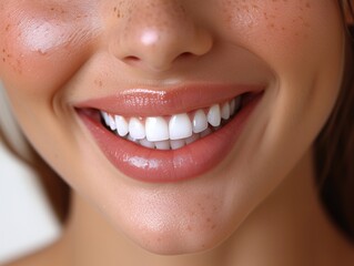 Naklejka premium Closeup of a womans face with a perfect smile and natural skin texture