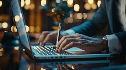 A person typing on a laptop in a warmly lit office, emphasizing the cozy and productive environment of a workspace optimized for late-hour productivity and creativity.
