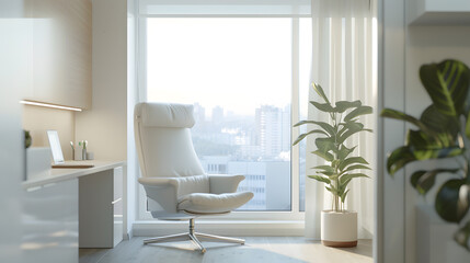 A white chair in front of a window with a view of a city