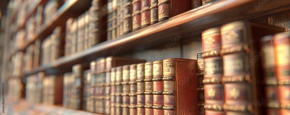 Poster rows of books neatly arranged on a shelf with a blur effect background